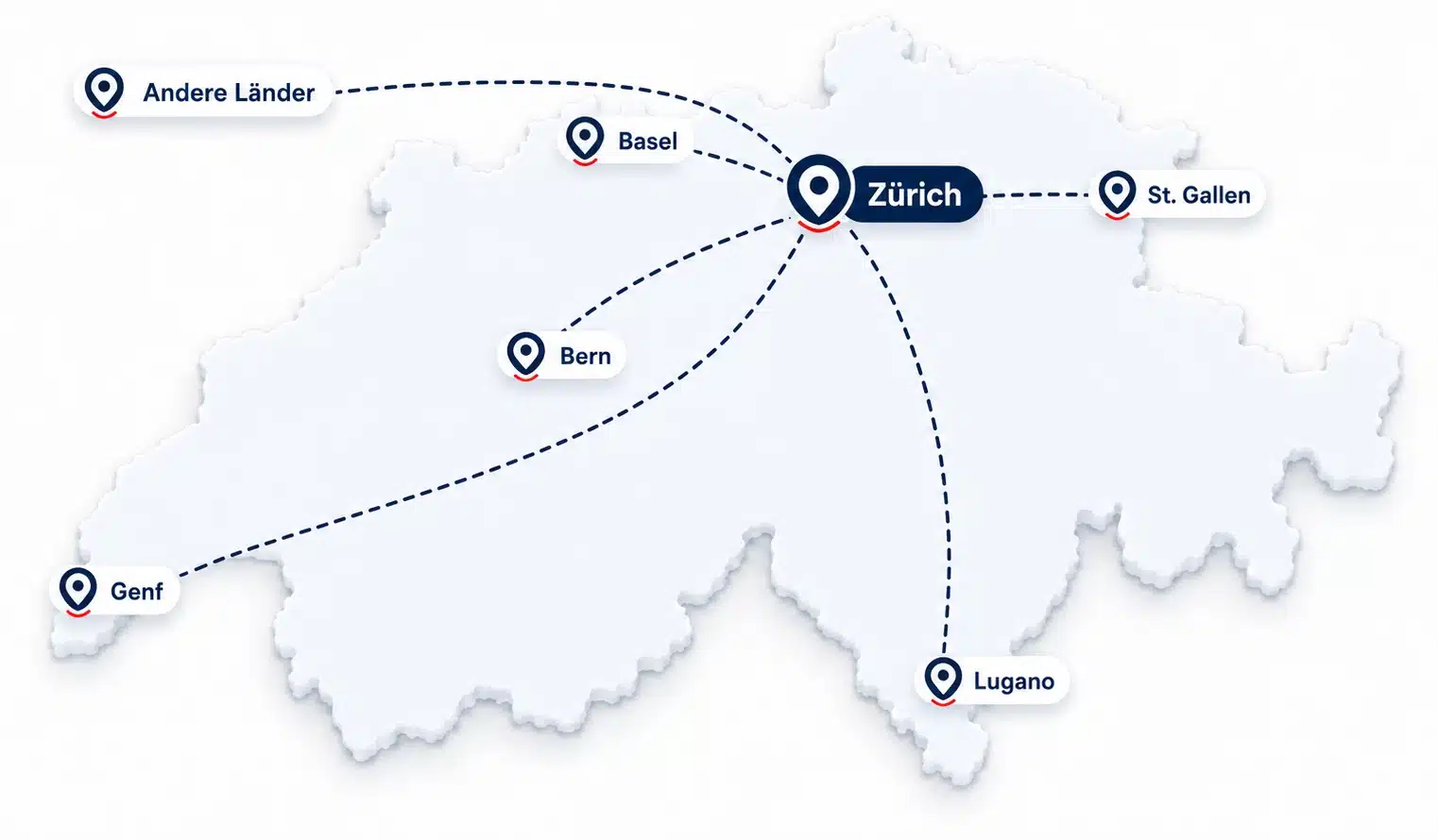 IT für Niederlassungen in Zürich Schweizkarte mit Zürich als zentralem Standort für IT Support bei neuen Niederlassungen
